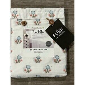 The Pure Collection Organic Cotton 2 King Pillowcases White Blue Flower 300 TC